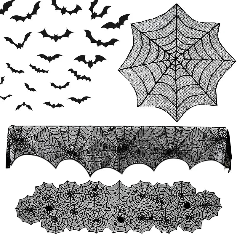 Halloween Decoration Lace Spider Web Skeleton Skull Tablecloth Black Fireplace Mantel Scarf Event Party Decoration Supplies Lootquake LLC