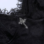 Goth Cross Mini Dress | Vintage Black Spaghetti Strap Dress -femstylo