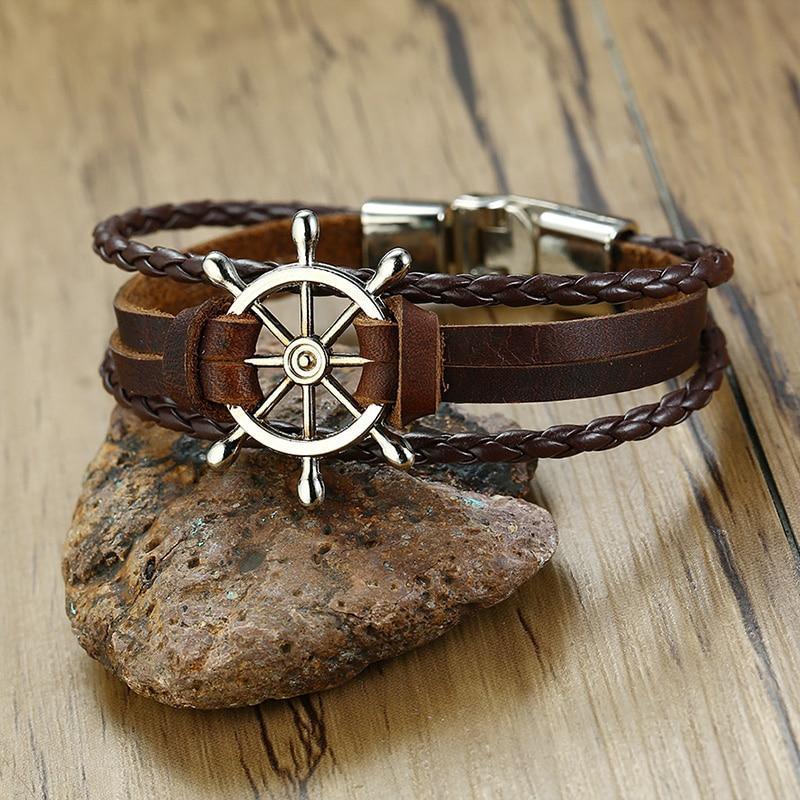 Handmade Sailor Anchor Ship Bracelet In Vintage Retro Rudder Charm Bracelet for Men Made from leather and Stainless Steel for Man - SJB-DIAMOND ELITES