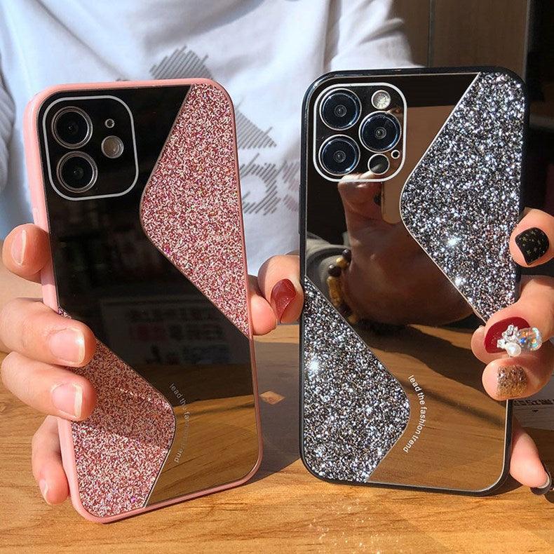 Women Luxurious Glitter Makeup Mirror Phone Case For iPhone 12 11 Pro MAX X XS XR 8 7 Plus Luxury Silicone Shockproof Cover Fixed Non Moving Sparkling Shining Glitter Stars Soft Silicone Case Stevvex