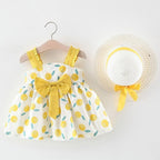 Luxury Modern Baby Girls Dresses With Hat 2pcs Clothes Sets Kids Clothes Baby Sleeveless Dress Print Floral Fruit Design Style