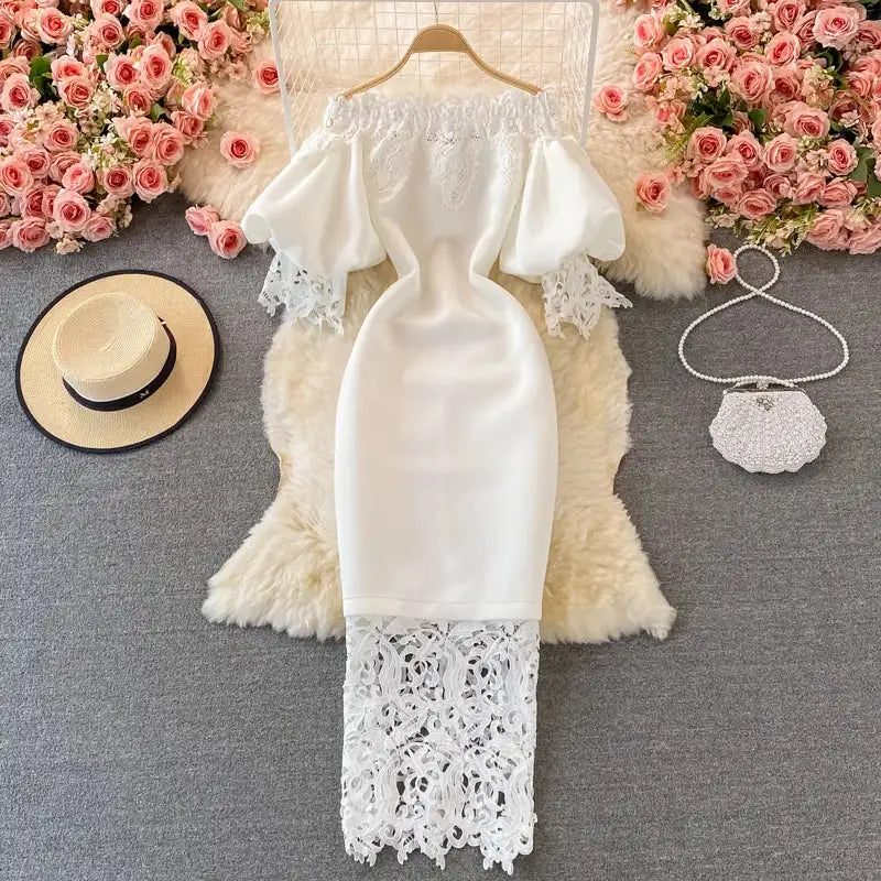 Sexy Hollow Out Lace Bodycon Long Dress Women Elegant Red/Pink/White Off Shoulder Patchwork Maxi Party Vestidos 2021 Autumn New