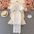 Sexy Hollow Out Lace Bodycon Long Dress Women Elegant Red/Pink/White Off Shoulder Patchwork Maxi Party Vestidos 2021 Autumn New