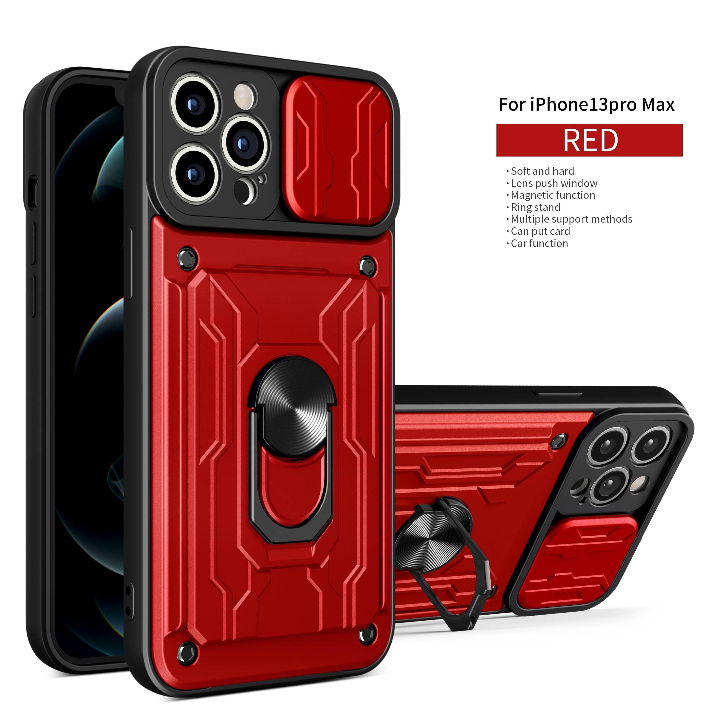 Heavy Duty Armor Case Card Pocket for iPhone 11 Pro 7 8 Plus Magnetic Phone Holder Cover Slide Lens Protection Design Card Holder Slot With Rotating Ring Armor Bumper Shockproof Case Stevvex