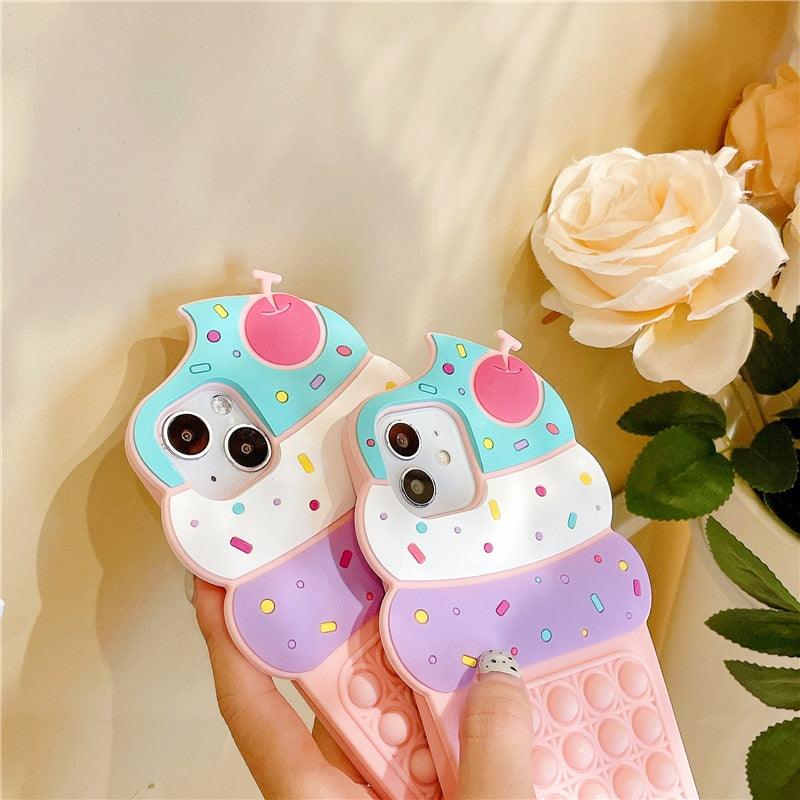 3D Delicious Cherry Ice Cream Silicone Phone Case For iphone 13 12 11 Pro Max Xs Xr 7 8 Plus X Se finger bubble game soft cover 3D Cartoon Cupcake Shape Soft Silicone Full Protection Shockproof Case Stevvex