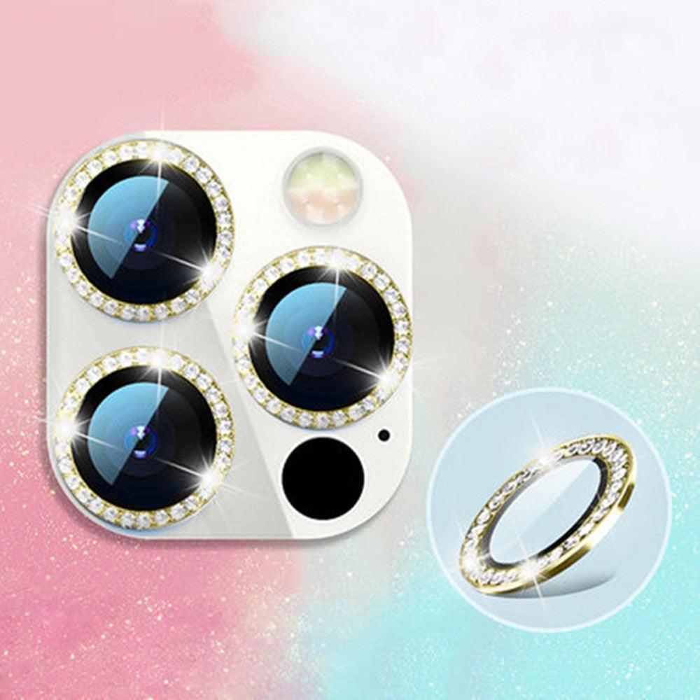 2023 New Diamond Bling Metal Ring Glass Protective Cap For iPhone 14 13 12 11 Pro Max Mini Camera Lens Circle Protector Paste Tempered Glass Camera Cover Camera Lens Protector Stevvex