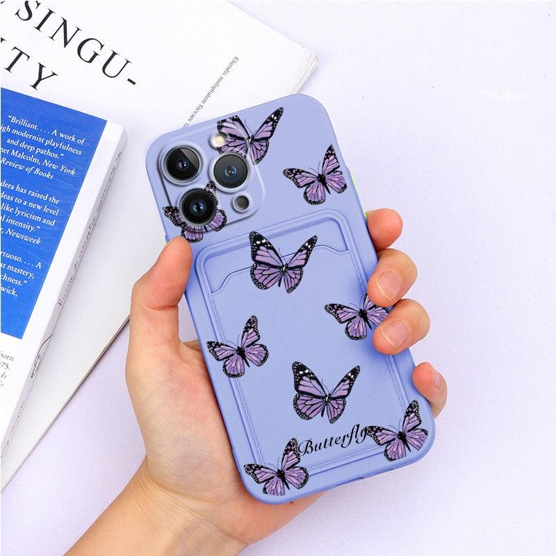Charming Silicone Soft Anti-Scratch Cases For iPhone 13 Pro Max Case Silicone Wallet Card Holder Cover For iPhone 13 Mini 13ProMax 13Pro Flower Butterfly Beautiful Design Card Holder iPhone Case Stevvex