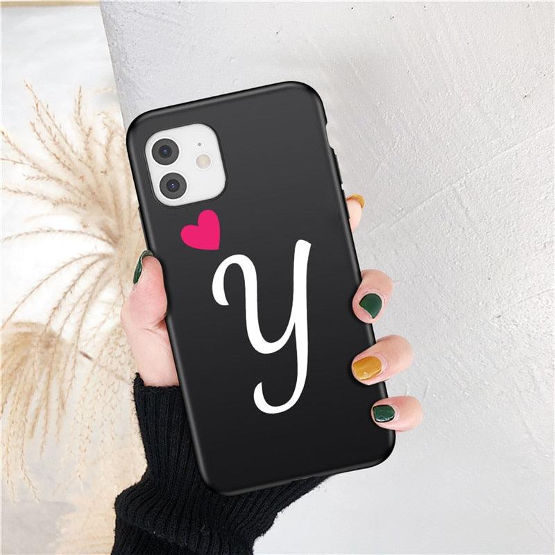 Women Elegant Black Initial Letter A-Z Love Heart Couples Phone Case For iPhone 13 12 Pro Max Mini Luxury Soft Silicone Cover Name Letter Case Stevvex