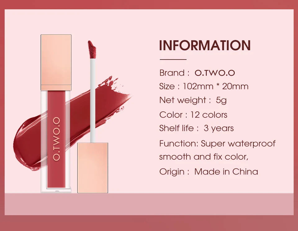 O.TWO.O 12 Color Liquid Lipstick Matte Finish Sexy Silky Lip Gloss Waterproof Kiss-proof Lasting Lip Glaze Lip Tint Cosmetics Lootquake LLC