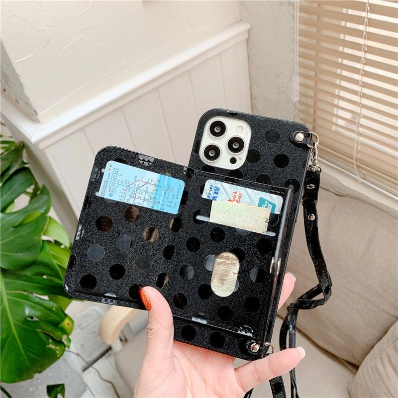 Luxury Little Dots Wallet Shoulder Strap Phone Case For iPhone 14 14Pro Max 13 12 Mini 11 Pro XSXR 7 8 Plus Leather Wallet Case with Card Holder Neck Strap Wrist Strap Pocket Cover Stevvex