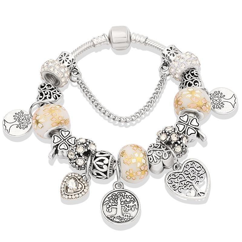 Elegant Modern Amazing Fashion New Luxury Silver Tree of Life Fashion Bracelet Green Leaf Crystal Charm Bracelet - SJB-DIAMOND ELITES