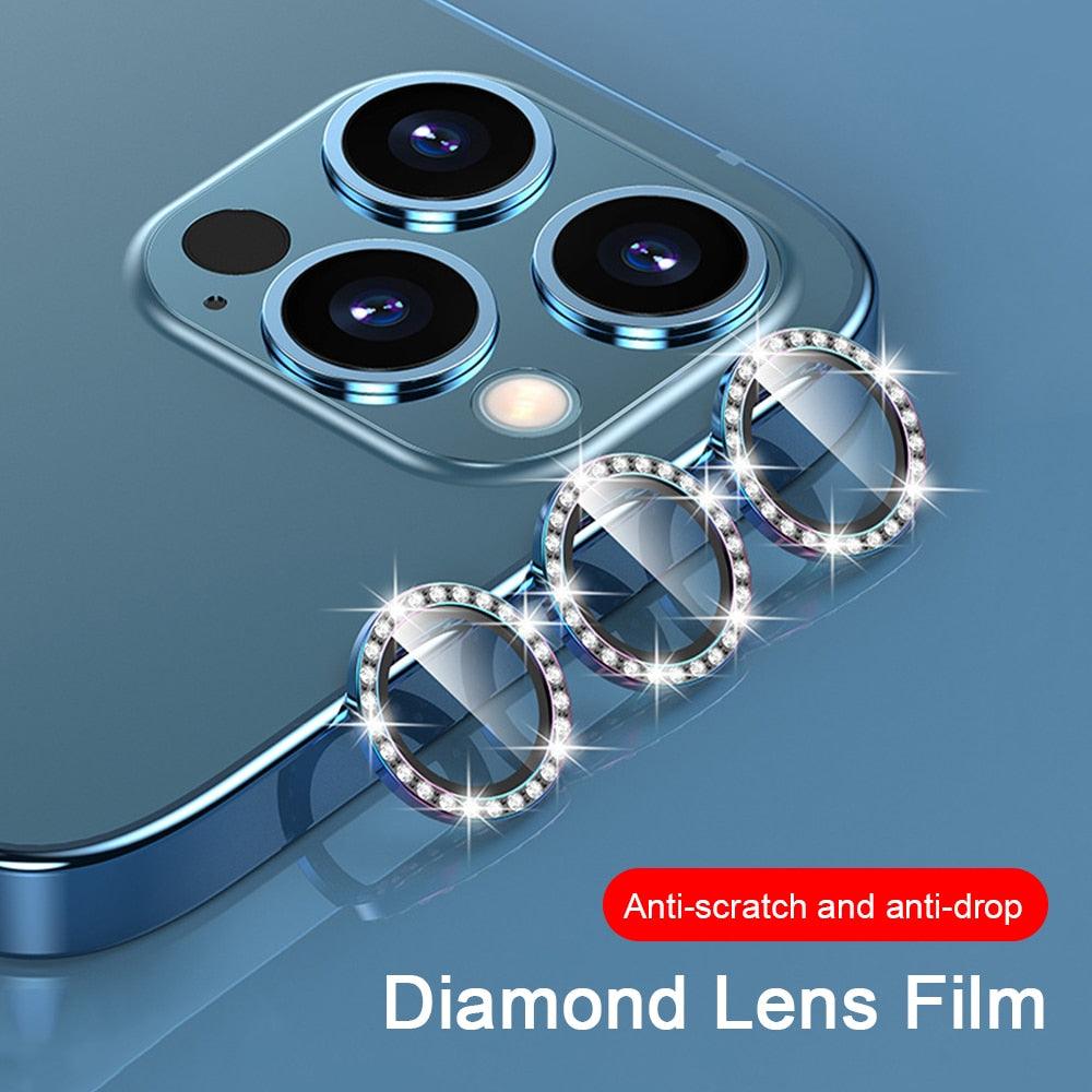 2023 New Diamond Bling Metal Ring Glass Protective Cap For iPhone 14 13 12 11 Pro Max Mini Camera Lens Circle Protector Paste Tempered Glass Camera Cover Camera Lens Protector Stevvex