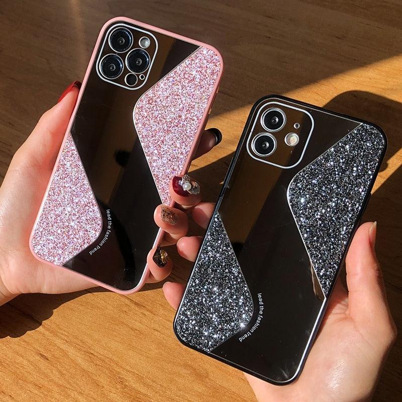 Women Luxurious Glitter Makeup Mirror Phone Case For iPhone 12 11 Pro MAX X XS XR 8 7 Plus Luxury Silicone Shockproof Cover Fixed Non Moving Sparkling Shining Glitter Stars Soft Silicone Case Stevvex