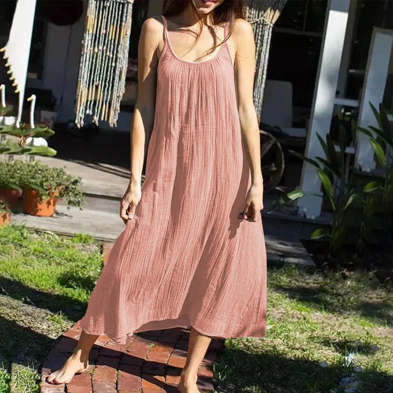 Casual 100% Cotton Summer Women's Long Dress Loose Solid Sleeveless Backless Streetwear Elegant  Female Dress Vestidos Robe Lootquake LLC