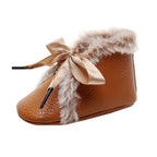 Baby PU Boots Winter Anti-slip Warm First Walkers Soft Soled Booties Toddler Bowknot Lace-up Shoes Stevvex
