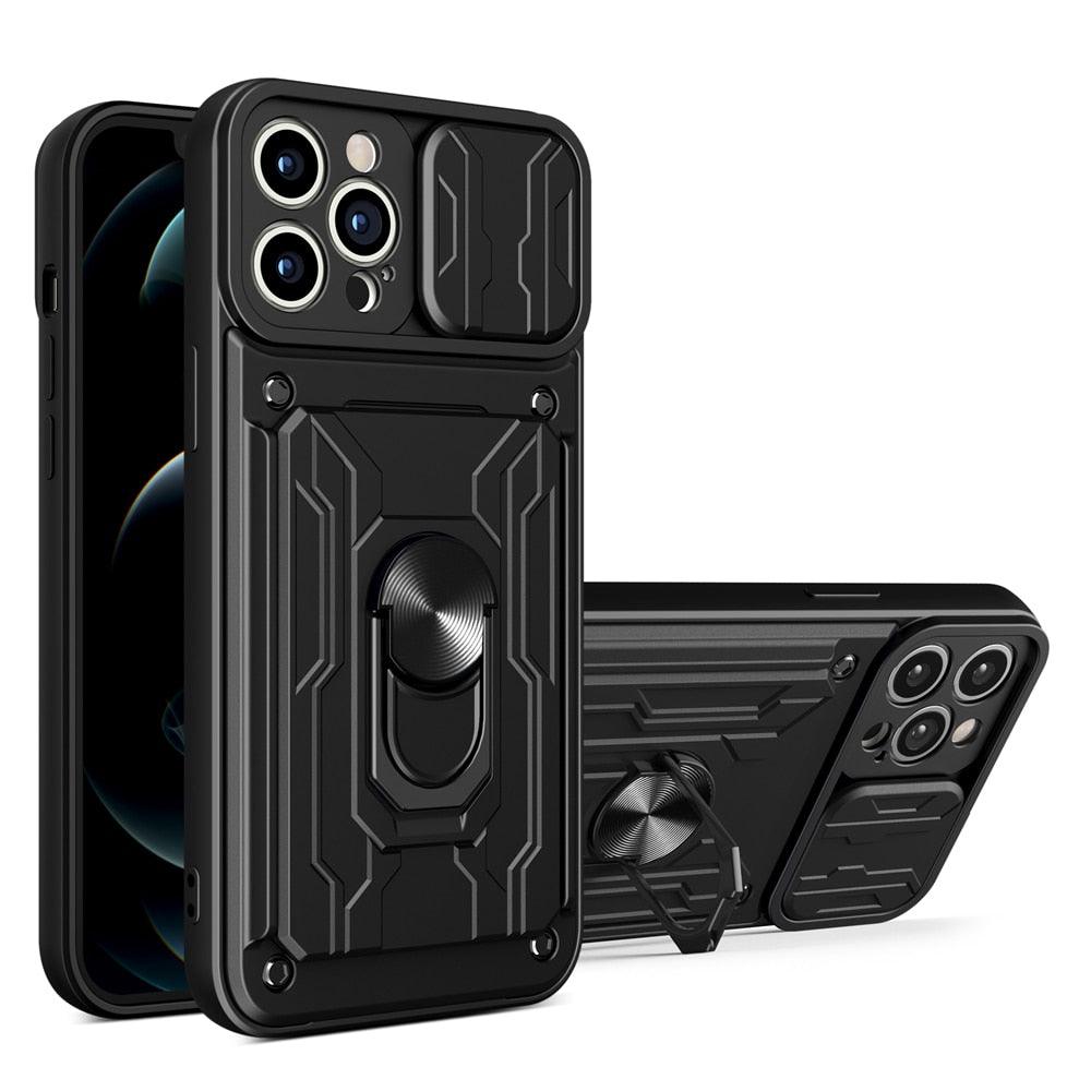 Shockproof Case for iPhone 13 12 11 Pro Max With Card Slot Ring Stand Camera Protection Phone Cover for iPhone XR XS Max Removable Card Holder Ring Holder Shockproof Protection Cover Stevvex