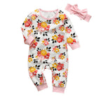 Newborn Clothes Baby Girls Romper Hearts Print Cotton Long Sleeve Jumpsuit and Headband Set
