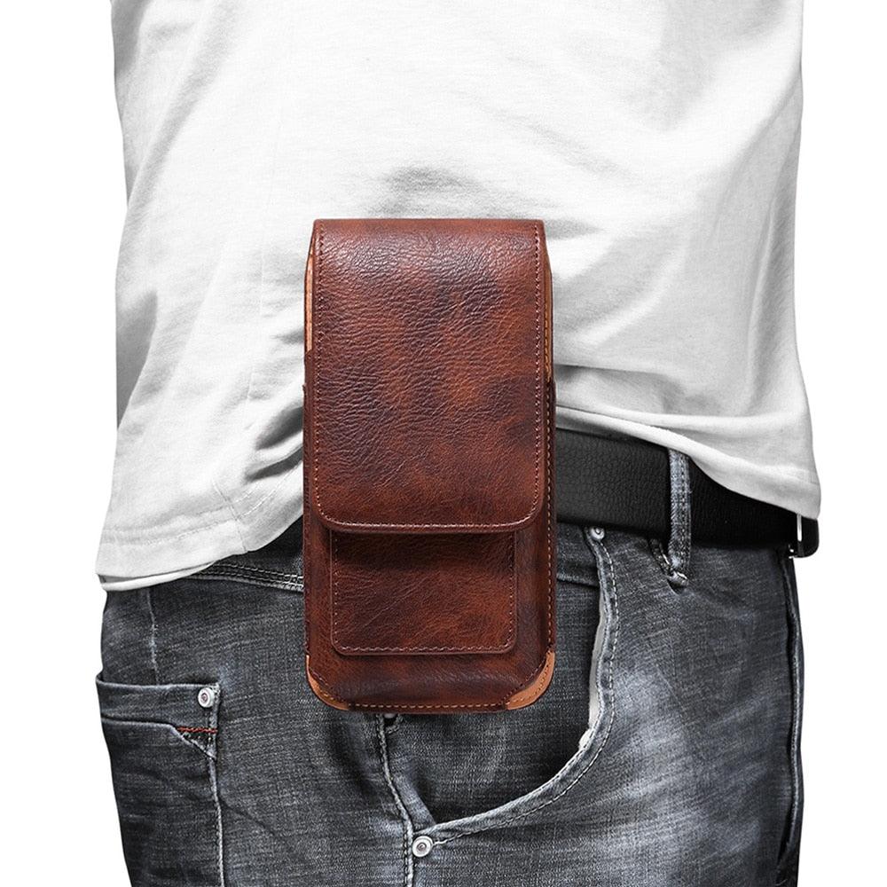 Universal Leather Case for iPhone Mens PU Leather Vertical Case with Belt Clip for iPhone Waist Pack Belt Clip Bag for 3.5-6.3" Mobile Phone Pouch Phone Cover Stevvex