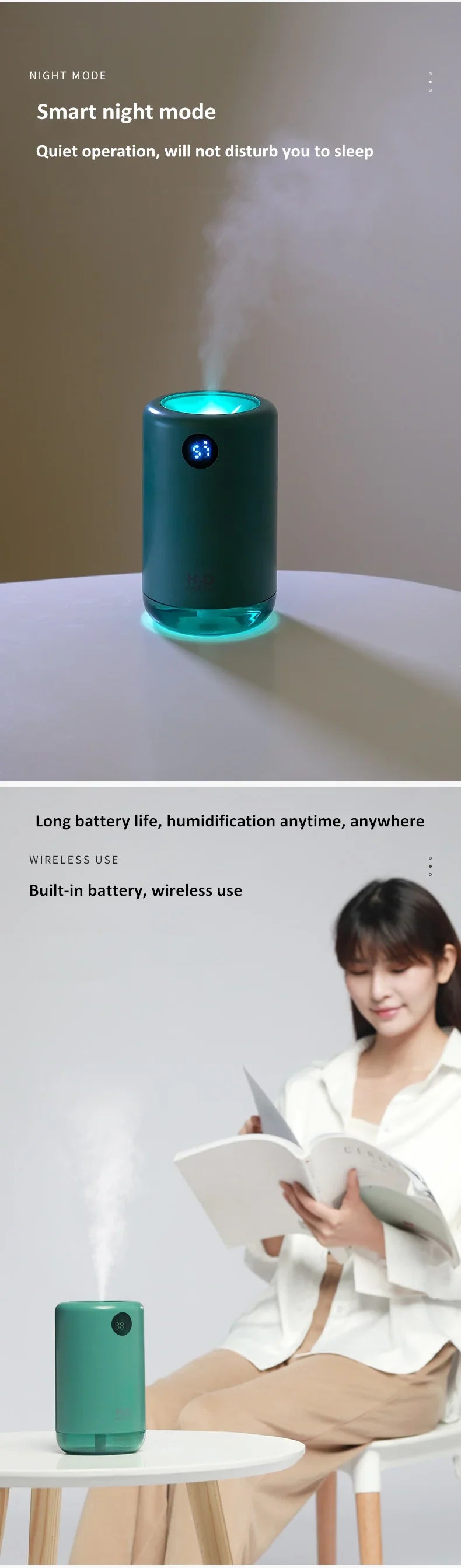 Home Table Wireless Ultrasonic Air Humidifier, Portable Mini Aroma Water Mist Diffuser, Battery Life Show, 500ml, 2000mAh Lootquake LLC