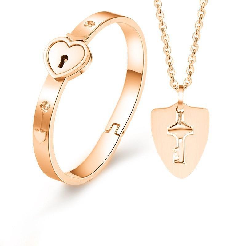 Fashion Concentric Lock Key Titanium Steel Stainless Steel Luxury Jewelry Bracelet and Necklace Couple Sets For Women - SJB-DIAMOND ELITES