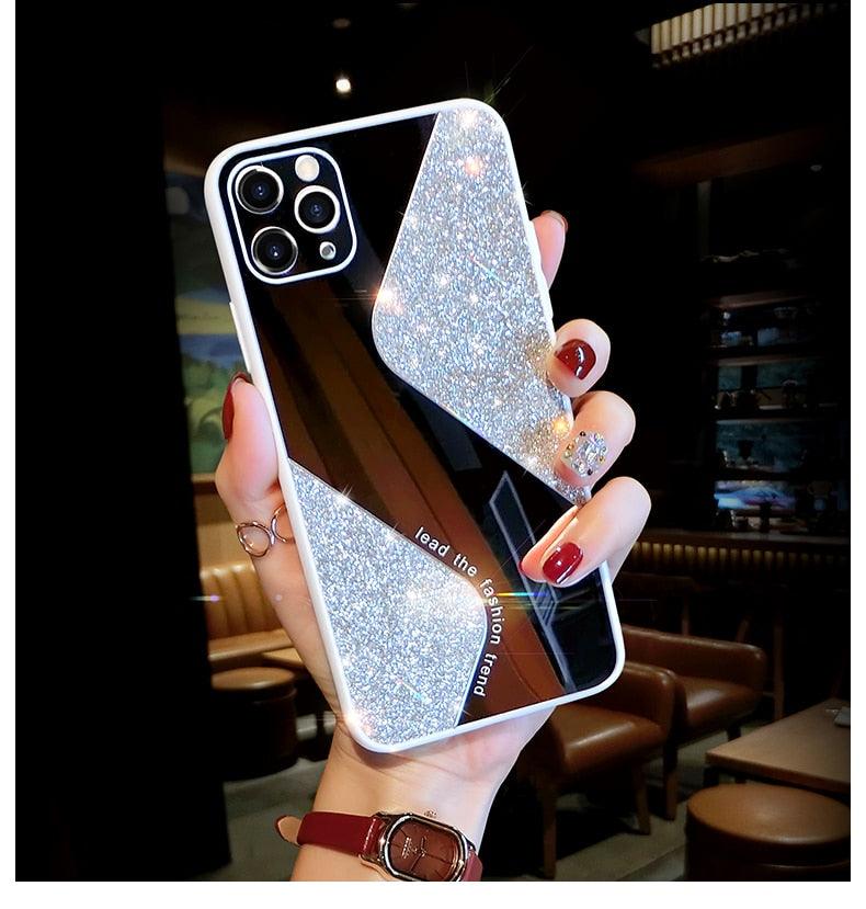 Women Luxurious Glitter Makeup Mirror Phone Case For iPhone 12 11 Pro MAX X XS XR 8 7 Plus Luxury Silicone Shockproof Cover Fixed Non Moving Sparkling Shining Glitter Stars Soft Silicone Case Stevvex