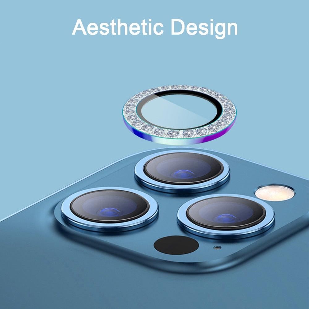 2023 New Diamond Bling Metal Ring Glass Protective Cap For iPhone 14 13 12 11 Pro Max Mini Camera Lens Circle Protector Paste Tempered Glass Camera Cover Camera Lens Protector Stevvex