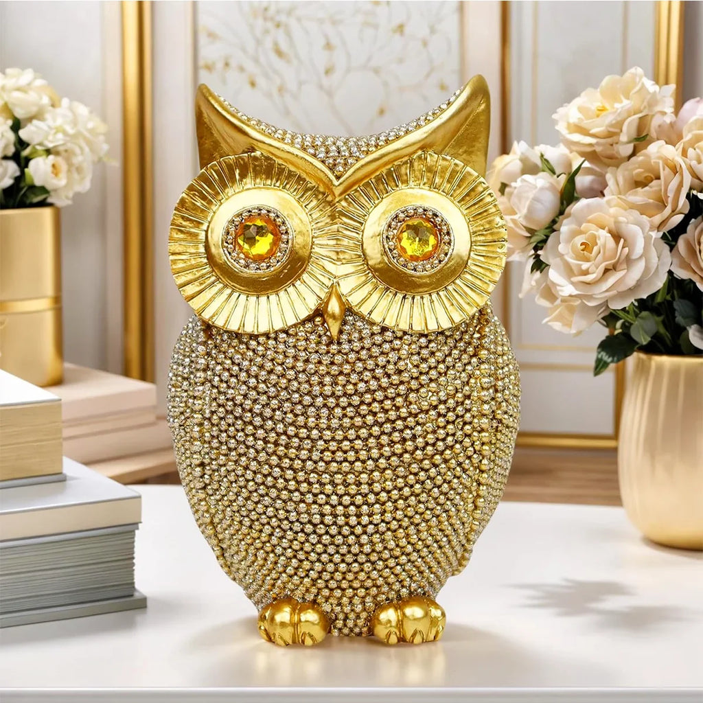 Modern Home Decor Sculpture Unique Sparkling Golden Owl Figurine Resin Statue for Office Living Room Desktop Ornaments Lootquake LLC