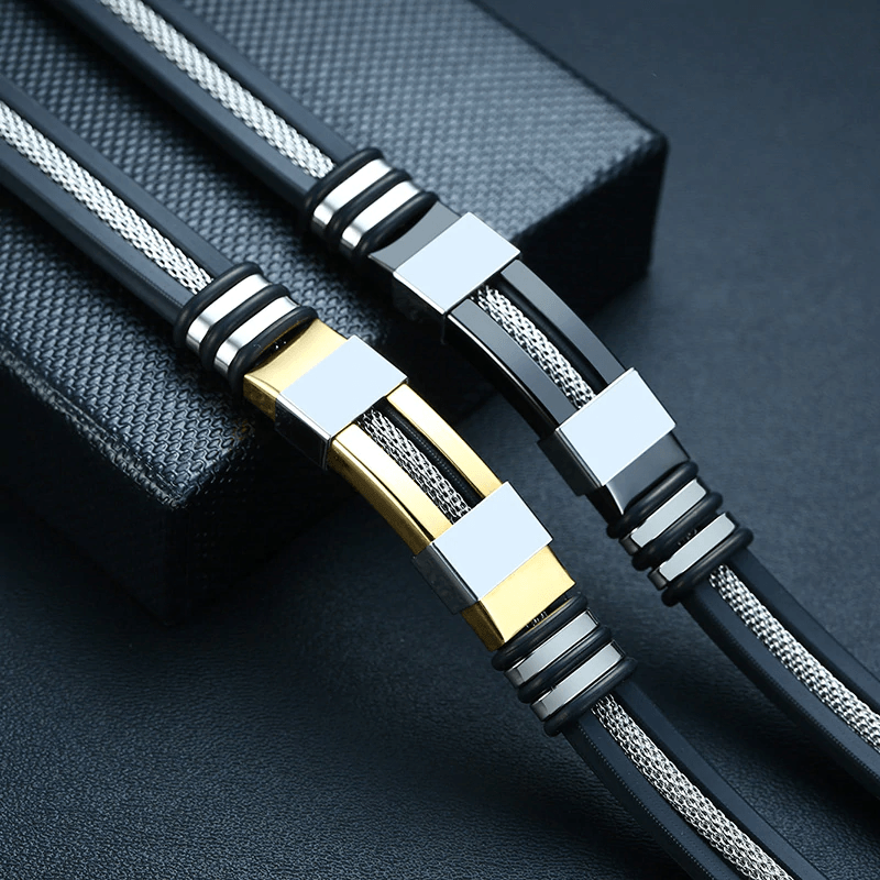 Stainless Steel Bracelet Men Wrist Band Black Grooved Rudder Silicone Mesh Link Insert Punk Wristband Stylish Casual Bangle Cool Gift - SJB-DIAMOND ELITES