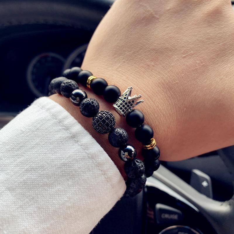 Modern New Fashion Crown And Lion Charm Elegant Bracelet For Men Classic Matte And Lava Stone Set Luxury Bracelet For Men Pave CZ Jewelry Gift - SJB-DIAMOND ELITES