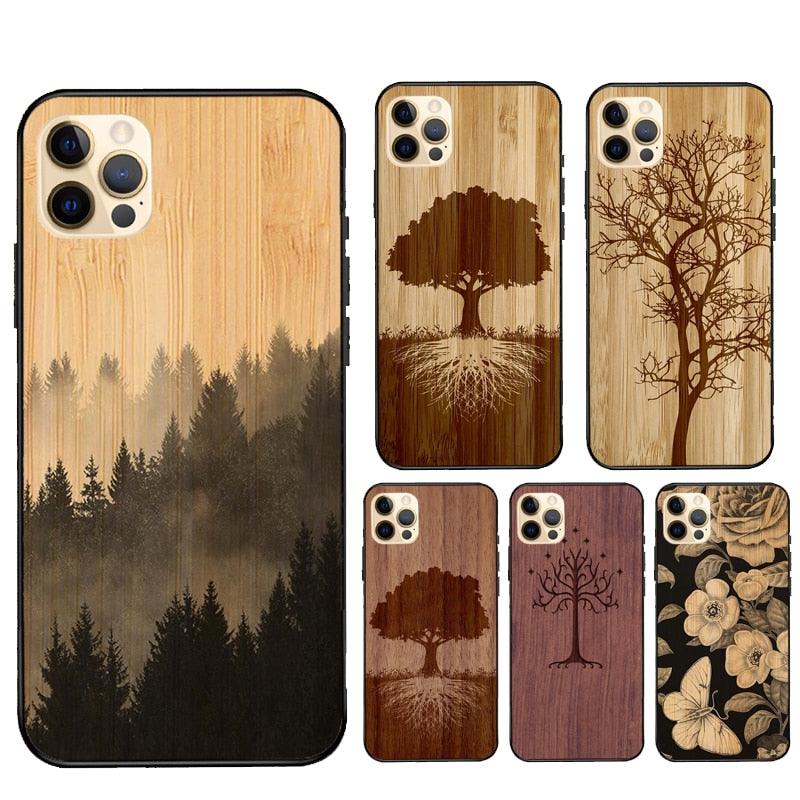 Vintage Tree Flower Bamboo Wood Case For iPhone Pro Max 12 13 min SE For iPhone 13 Shockproof Wooden Texture Protective Cover Unique & Classy Wooden Case Stevvex