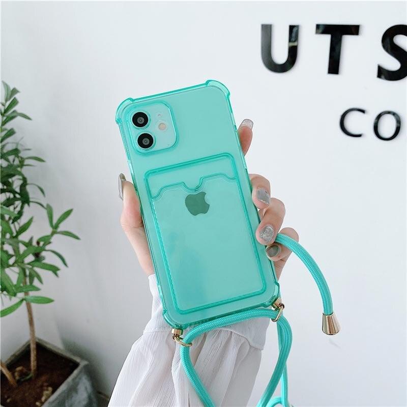 Transparent Wallet Case for iPhone 13 12 11 Pro Xs Max Shockproof Card Crossbody Lanyard Rope Strap Cover Transparent Soft Case Necklace Phone Cover Colorful Case & Adjustable Strap Stevvex