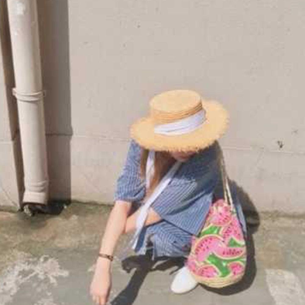 Vintage Straw Hat Women Wide Sun Protection Beach Hat Black And White Ribbon Bowknot Cute Design Straw Cap Women Elegant Summer Hat Beach Fedoras Casual Ladies Flat Top Hat Stevvex
