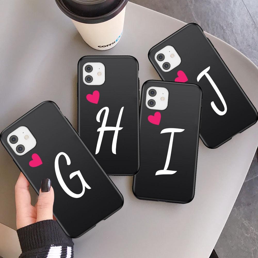 Women Elegant Black Initial Letter A-Z Love Heart Couples Phone Case For iPhone 13 12 Pro Max Mini Luxury Soft Silicone Cover Name Letter Case Stevvex