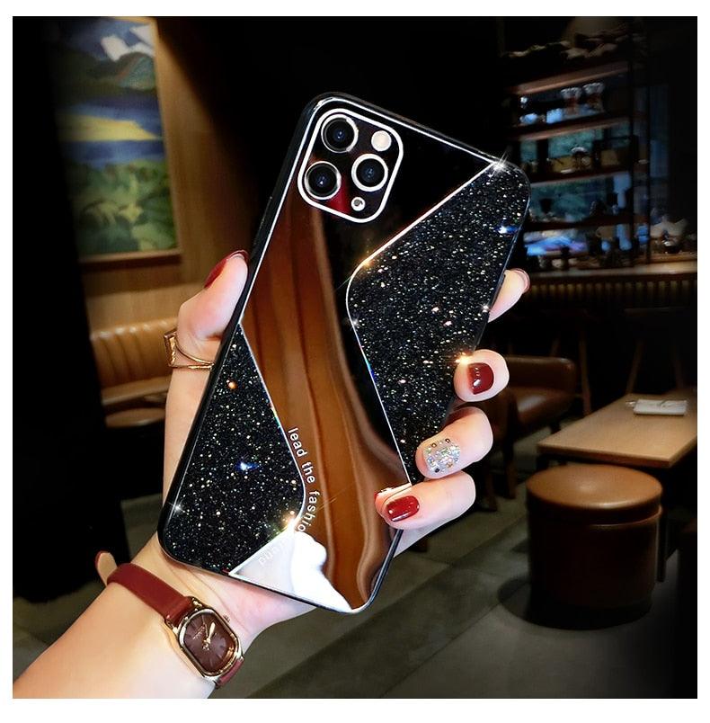 Women Luxurious Glitter Makeup Mirror Phone Case For iPhone 12 11 Pro MAX X XS XR 8 7 Plus Luxury Silicone Shockproof Cover Fixed Non Moving Sparkling Shining Glitter Stars Soft Silicone Case Stevvex