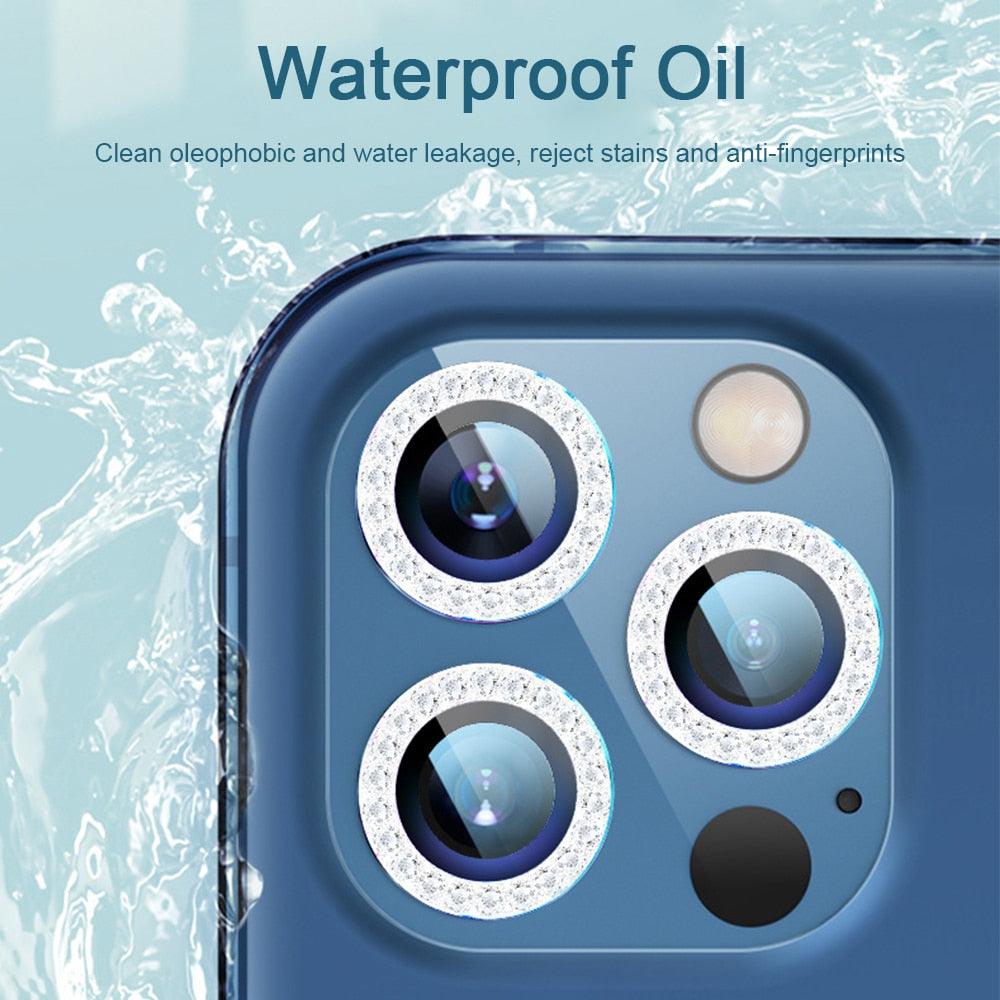 2023 New Diamond Bling Metal Ring Glass Protective Cap For iPhone 14 13 12 11 Pro Max Mini Camera Lens Circle Protector Paste Tempered Glass Camera Cover Camera Lens Protector Stevvex