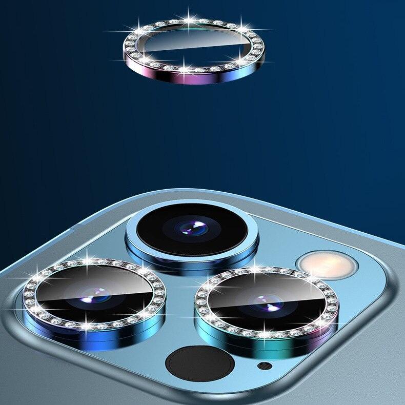 2023 New Diamond Bling Metal Ring Glass Protective Cap For iPhone 14 13 12 11 Pro Max Mini Camera Lens Circle Protector Paste Tempered Glass Camera Cover Camera Lens Protector Stevvex