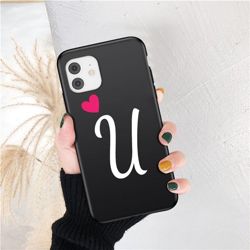 Women Elegant Black Initial Letter A-Z Love Heart Couples Phone Case For iPhone 13 12 Pro Max Mini Luxury Soft Silicone Cover Name Letter Case Stevvex