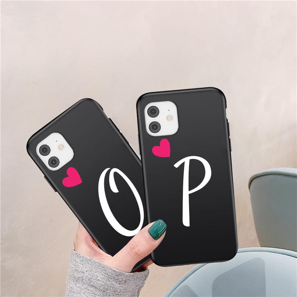 Women Elegant Black Initial Letter A-Z Love Heart Couples Phone Case For iPhone 13 12 Pro Max Mini Luxury Soft Silicone Cover Name Letter Case Stevvex