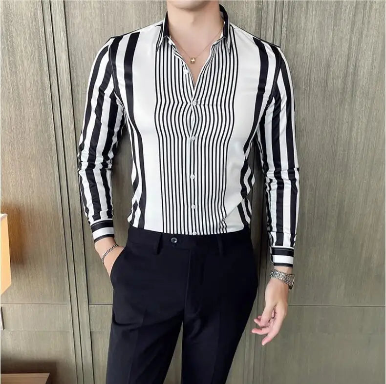 British Style Striped Shirts Mens Long Sleeve Business Formal Dress Shirt Casual Slim Fit Dress Streetwear Social Party Clothing Lootquake LLC