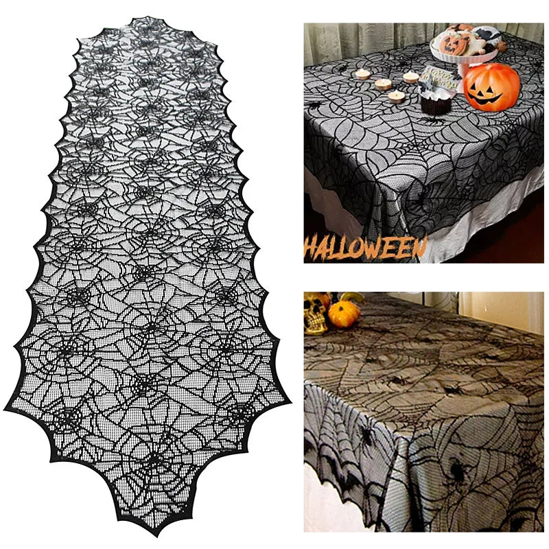 Halloween Decoration Lace Spider Web Skeleton Skull Tablecloth Black Fireplace Mantel Scarf Event Party Decoration Supplies Lootquake LLC