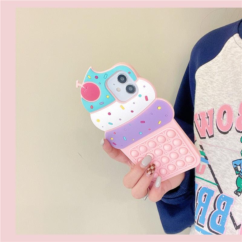 3D Delicious Cherry Ice Cream Silicone Phone Case For iphone 13 12 11 Pro Max Xs Xr 7 8 Plus X Se finger bubble game soft cover 3D Cartoon Cupcake Shape Soft Silicone Full Protection Shockproof Case Stevvex