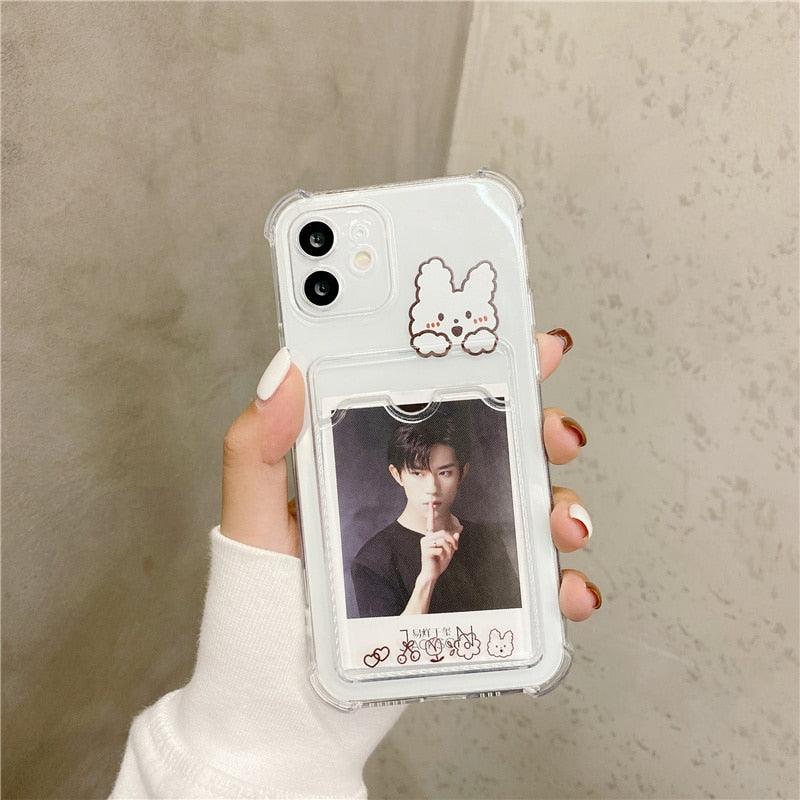 Cute Bear Cartoon Rabbit Shockproof Phone Case For iPhone 11 12 13 14 Pro Funny Soft Wallet Cover Cute Bear Design Soft Slim Card Slot Case Aesthetic Card Holder Case Stevvex