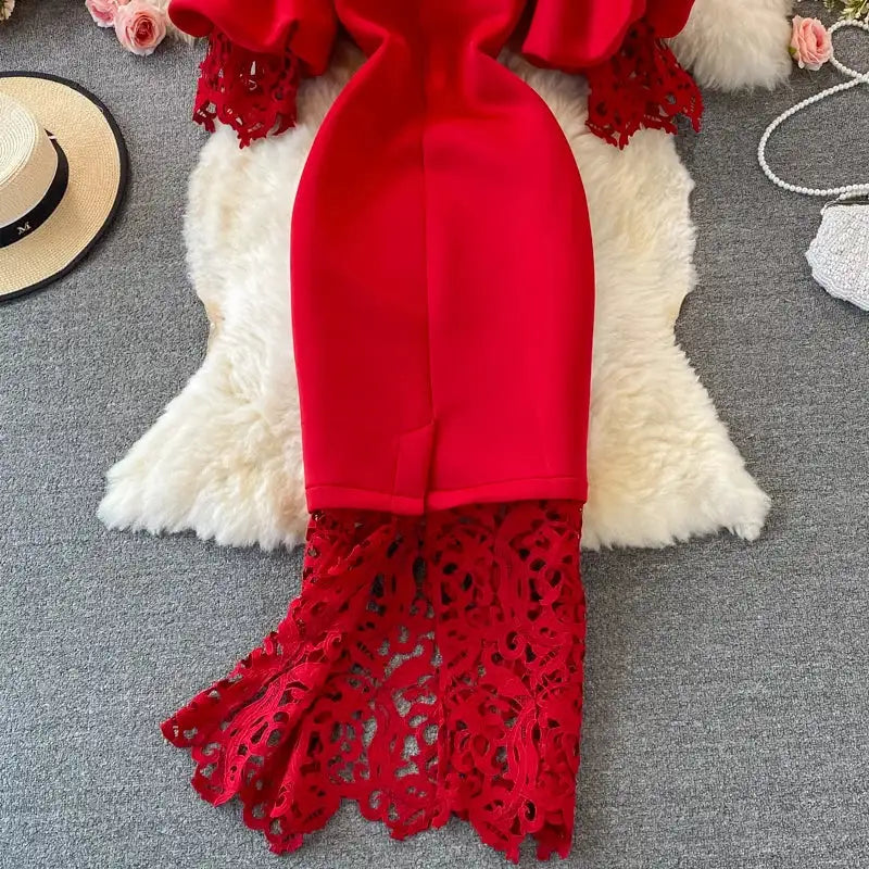 Sexy Hollow Out Lace Bodycon Long Dress Women Elegant Red/Pink/White Off Shoulder Patchwork Maxi Party Vestidos 2021 Autumn New