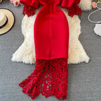 Sexy Hollow Out Lace Bodycon Long Dress Women Elegant Red/Pink/White Off Shoulder Patchwork Maxi Party Vestidos 2021 Autumn New
