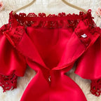 Sexy Hollow Out Lace Bodycon Long Dress Women Elegant Red/Pink/White Off Shoulder Patchwork Maxi Party Vestidos 2021 Autumn New