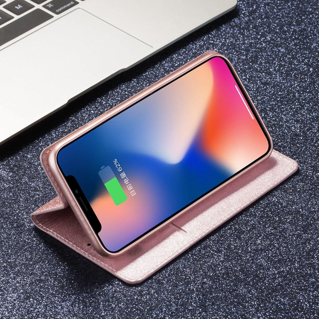 Glitter Leather Magnetic Flip Case for IPhone 14 13 11 12 Mini Pro Max Wallet Card Holder Cover Flip Shockproof Leather Wallet Case With Stand Silicone Bumper Cover Stevvex
