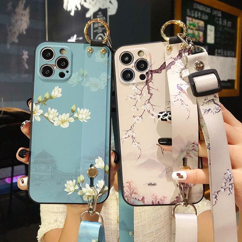 Ultra Luxury Case Cute Flower Design with Ring Kickstand Soft Crossbody Phone Cover for iPhone 13 14 Pro Max Case Fashion Crossbody Shoulder Strap Flower Leaf Phone Holder Cover for iPhone 12 11 X XR XS 7 8 Plus Stevvex