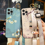 Ultra Luxury Case Cute Flower Design with Ring Kickstand Soft Crossbody Phone Cover for iPhone 13 14 Pro Max Case Fashion Crossbody Shoulder Strap Flower Leaf Phone Holder Cover for iPhone 12 11 X XR XS 7 8 Plus Stevvex