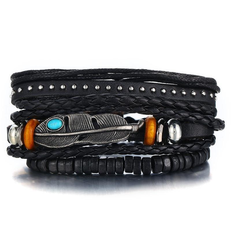 BOHO Tibet Stone Feather Multilayer Leather Bracelet Eye Fish Charms Beads Bracelets For Men Vintage Punk Wrap Wristband Cool Jewelry - SJB-DIAMOND ELITES