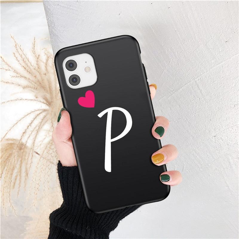 Women Elegant Black Initial Letter A-Z Love Heart Couples Phone Case For iPhone 13 12 Pro Max Mini Luxury Soft Silicone Cover Name Letter Case Stevvex